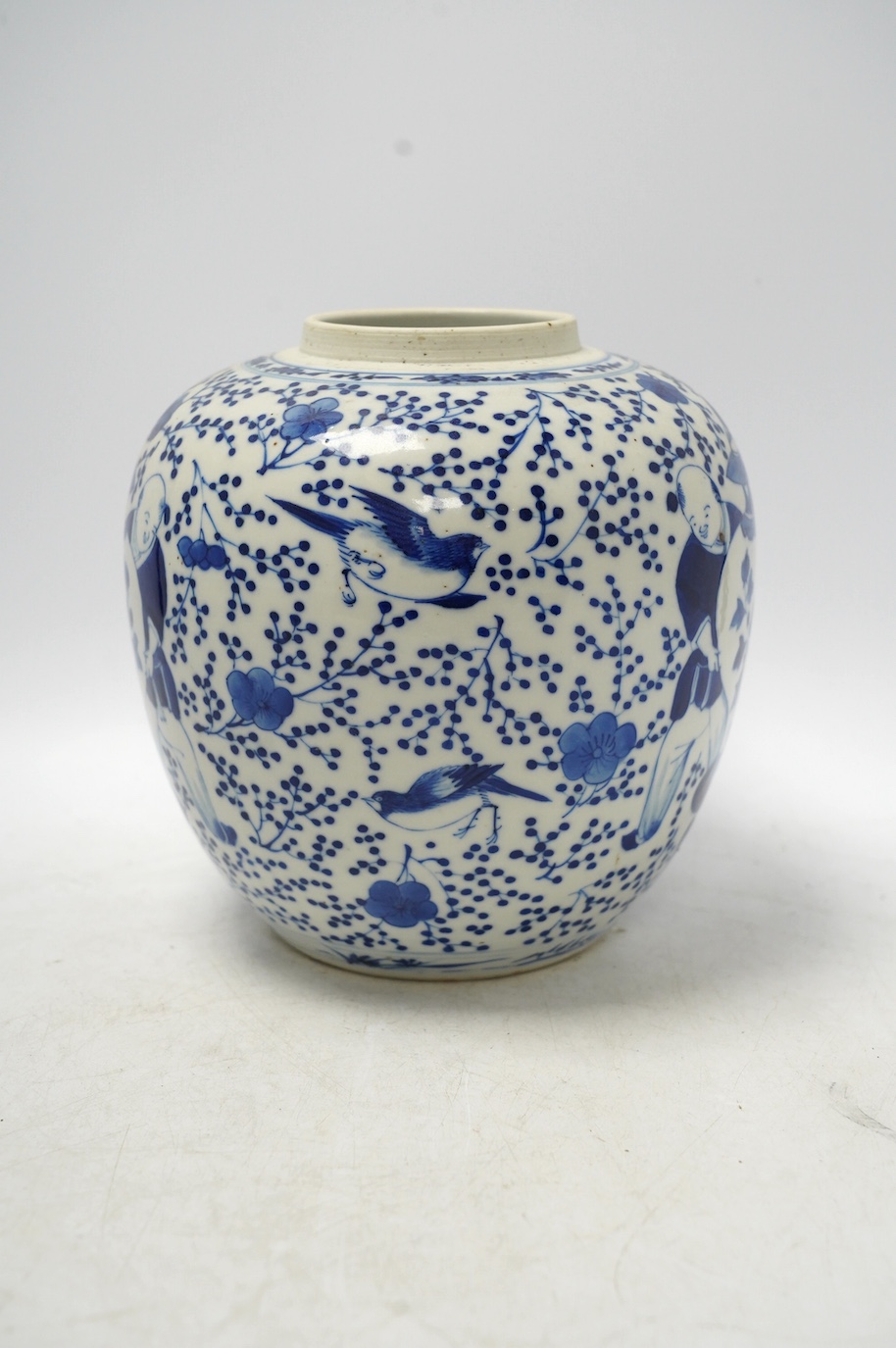 A 19th century Chinese blue and white 'boys' jar (without cover). 19cm high. Condition - good